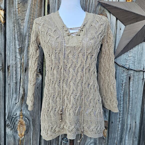 Loose Knit Linen Blend Sweater Tommy Bahama Size S Vneck Beaded Tie Solid Tan - Picture 1 of 9